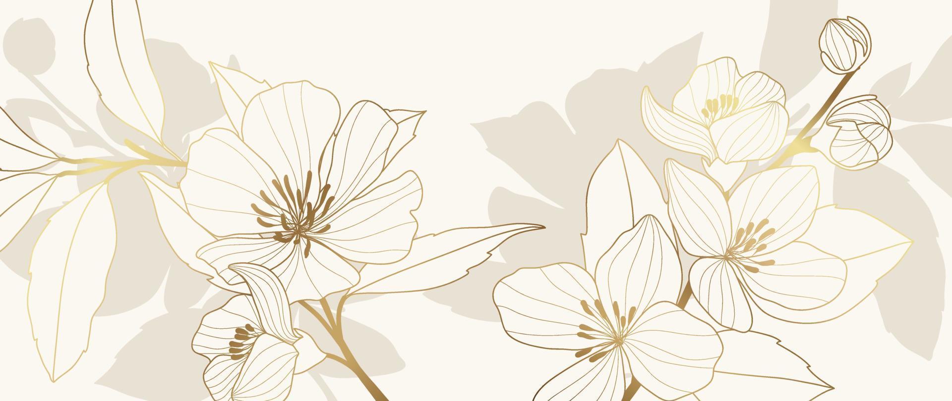 papel tapiz de arte de línea dorada floral de lujo. Fondo de patrón de flores de flor de cerezo dorado elegante. ilustración de diseño para decoración, tarjeta, decoración del hogar, invitación, embalaje, impresión, portada, banner. vector