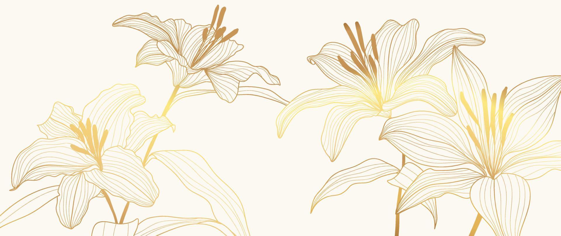 Luxury floral golden line art wallpaper. Elegant gradient gold lily flowers pattern background. Design illustration for decorative, card, home decor, invitation, packaging, print, cover, banner. vector
