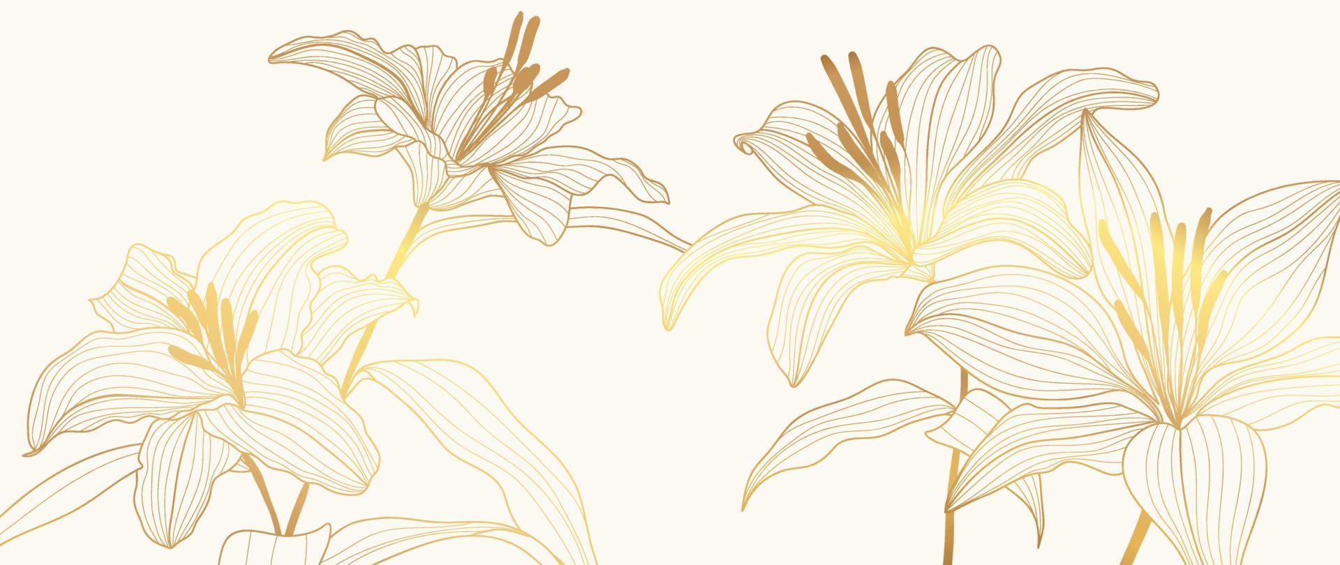 papel tapiz de arte de línea dorada floral de lujo. elegante fondo de patrón de flores de lirio dorado degradado. ilustración de diseño para decoración, tarjeta, decoración del hogar, invitación, embalaje, impresión, portada, banner. vector