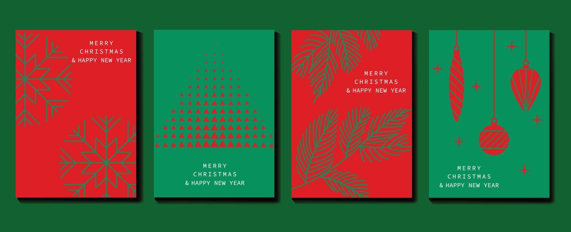 conjunto de vector de tarjeta de vacaciones de navidad y feliz año nuevo. elemento rojo y verde de copo de nieve, árbol de navidad triangular, hojas de pino, bolas de adorno. ilustración de diseño para portada, pancarta, tarjeta, afiche.