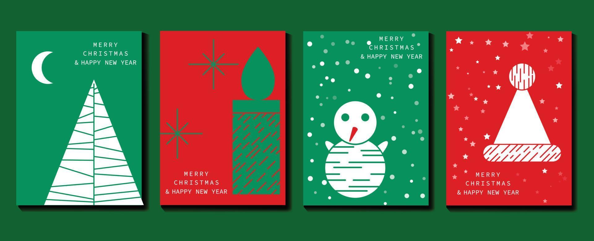 Set of christmas and happy new year holiday card vector. Decorative element of geometric christmas tree, candle, snowman, santa hat, snow and star. Design illustration for cover, banner, card, poster. vector