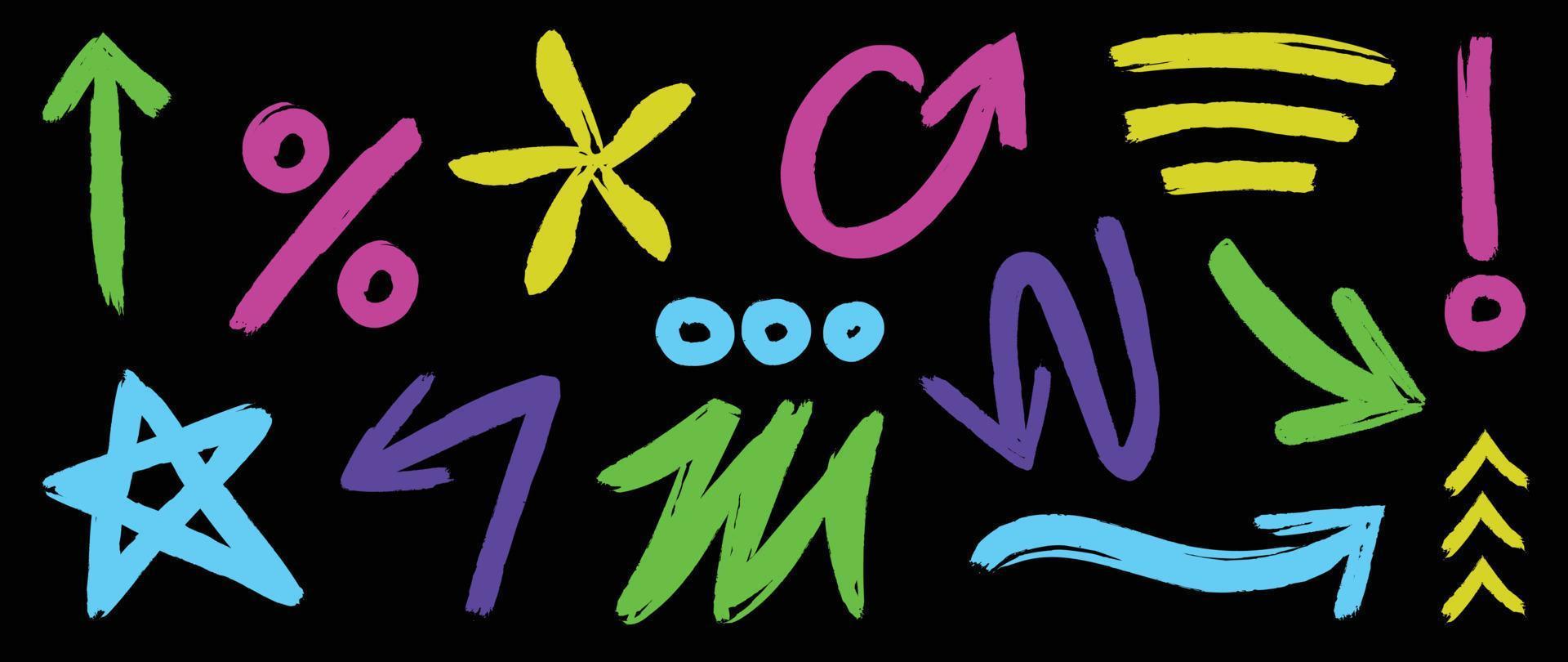 Set of hand paint doodle element vector illustration. Collection of colorful arrows and symbols element with brush paint glow on black background. Design for comic, tattoo, sticker, print, artwork.