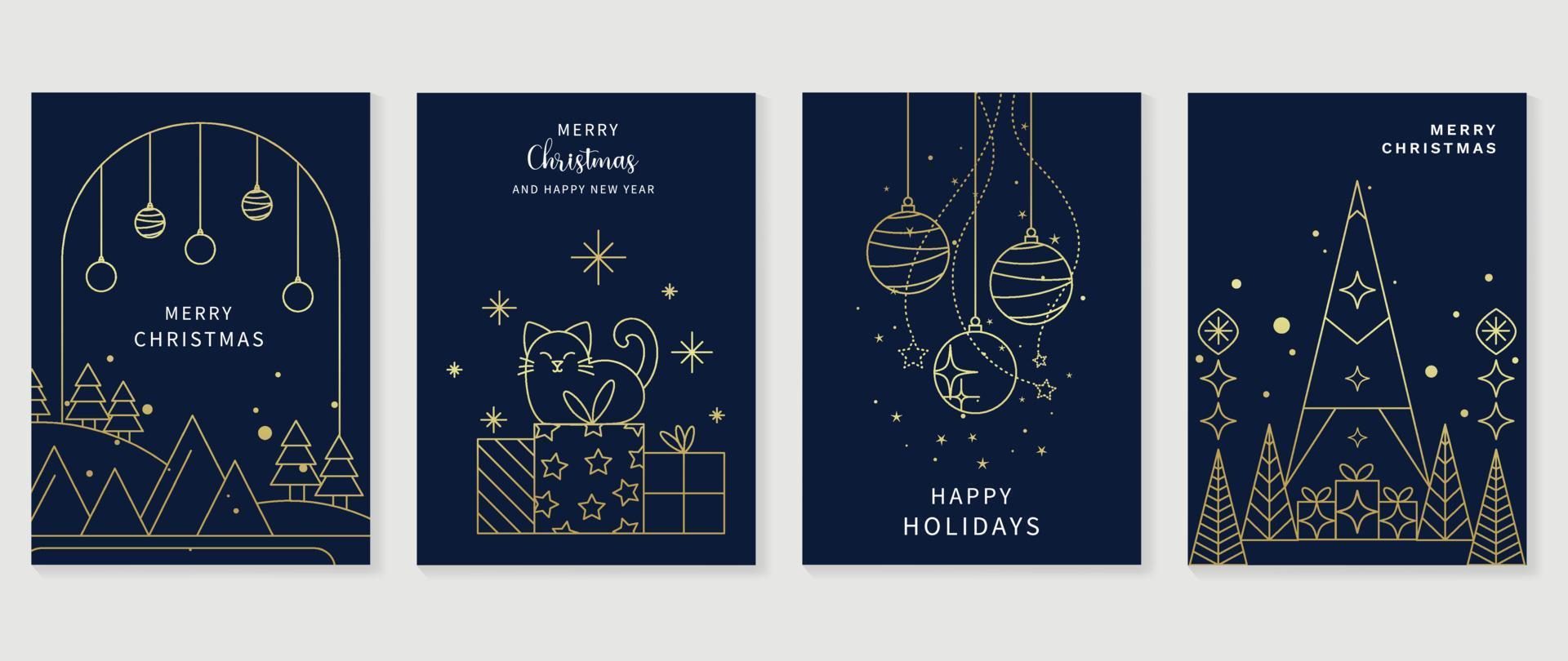 Set of christmas and happy new year holiday card vector. Elegant element gold line art of christmas tree, bauble ball, cat, present, sparkle, snow. Design illustration for cover, banner, card, poster. vector