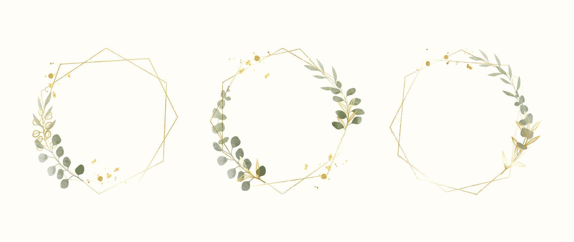 Set of luxury wedding frame element vector illustration. Watercolor and golden leaf branch with polygonal frame and brush stroke texture. Design suitable for frame, invitation card, poster, banner.