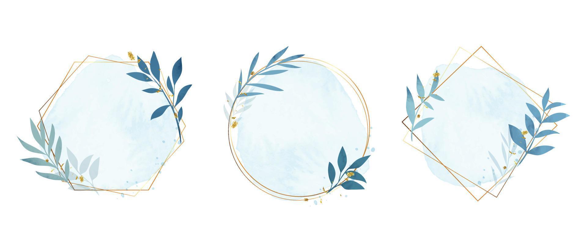 Set of luxury wedding frame element vector illustration. Watercolor leaf branch wreath with golden geometric frame and brush stroke. Design suitable for frame, invitation card, poster, banner.