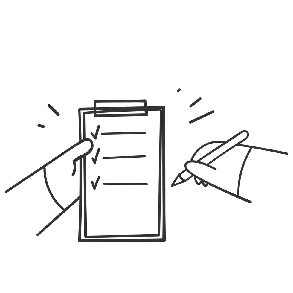 hand drawn doodle person holding clipboard form and pen illustration vector