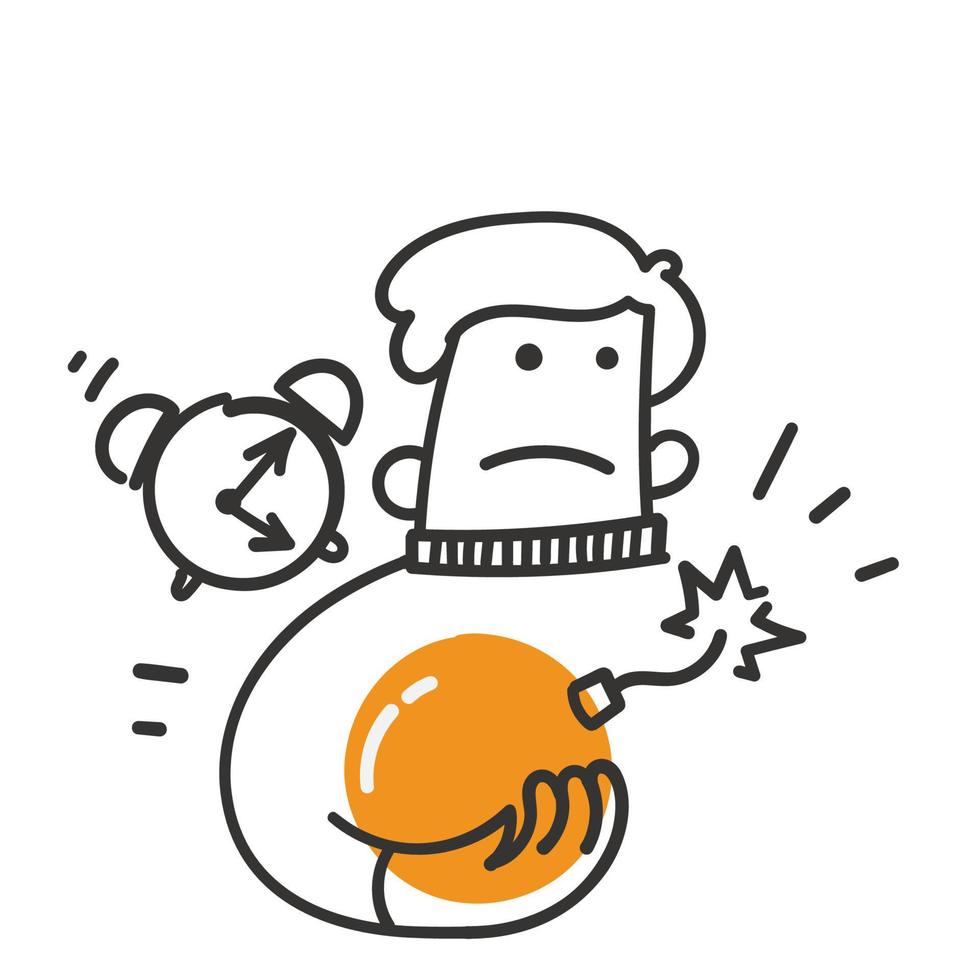 hand drawn doodle person holding bomb and clock timer illustration vector