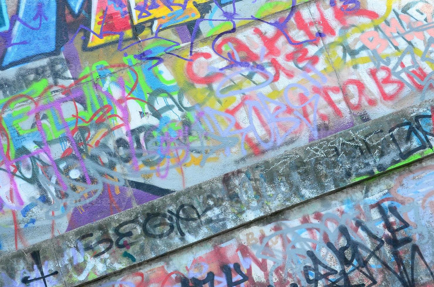 Fragment of graffiti tags. The old wall is spoiled with paint stains in the style of street art culture photo