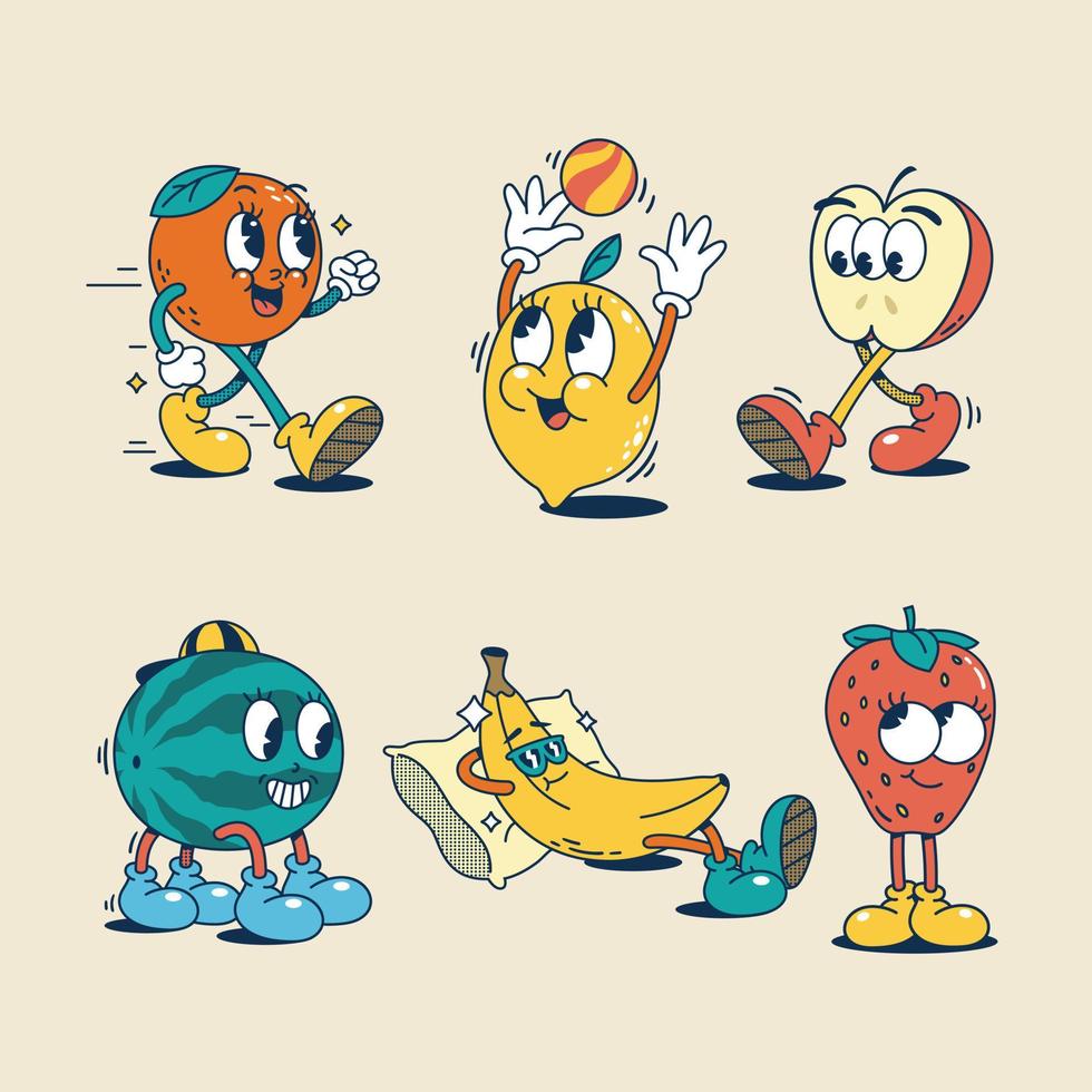 conjunto de frutas de dibujos animados retro dibujados a mano vector