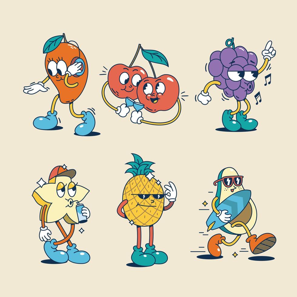 conjunto de frutas de dibujos animados retro dibujados a mano vector