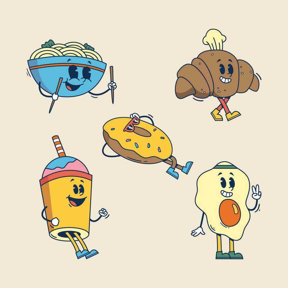 conjunto de comida y bebida de dibujos animados retro dibujados a mano vector