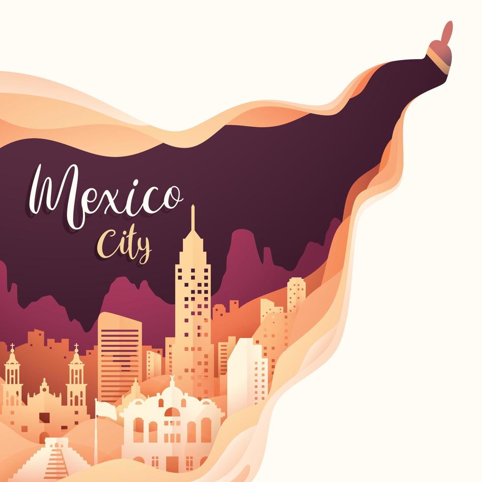 Brush painting in panorama of world famous landmarks of mexico for travel advertising vector