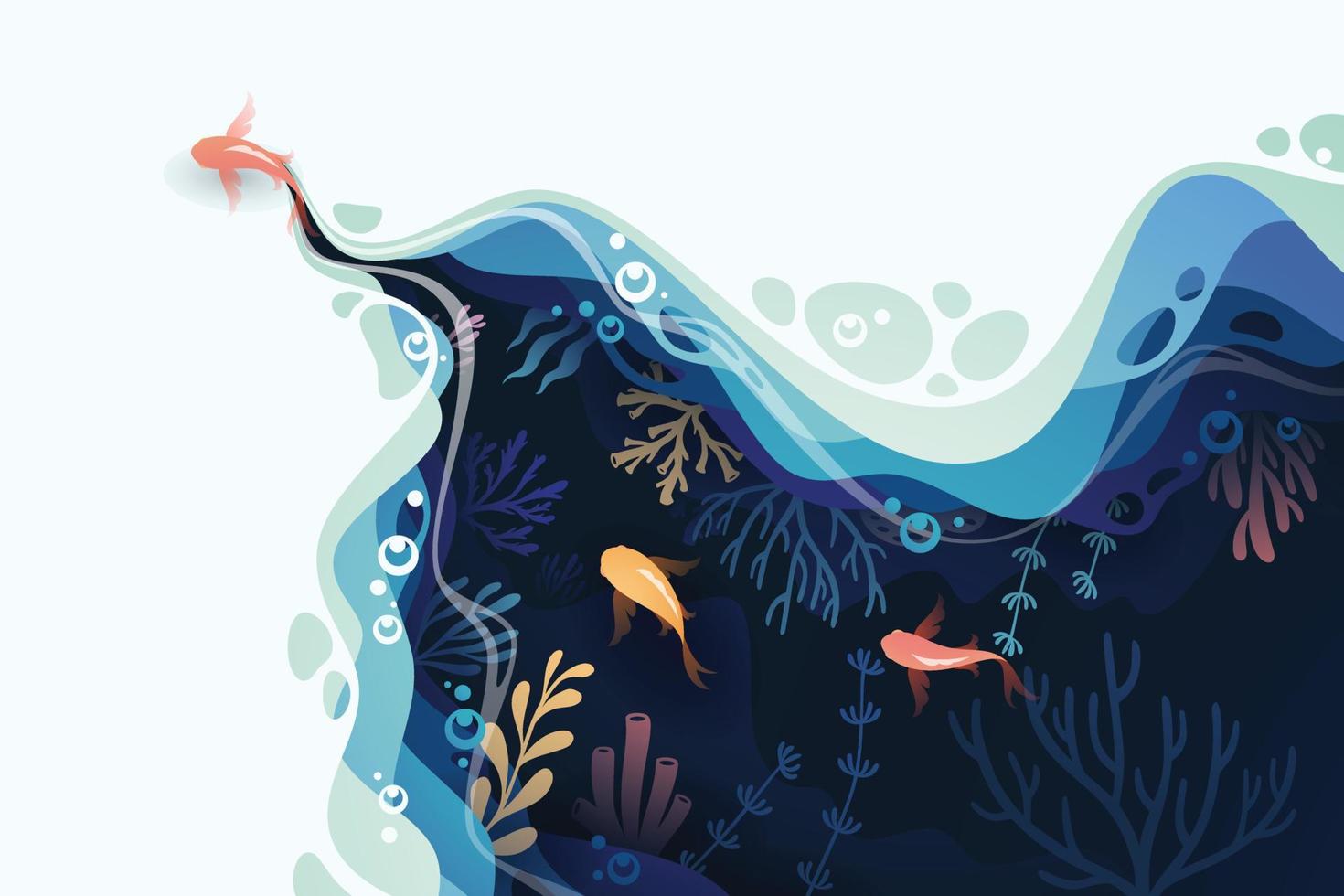 Fishes layered shape wavy ocean underwater background in paper cut style vector