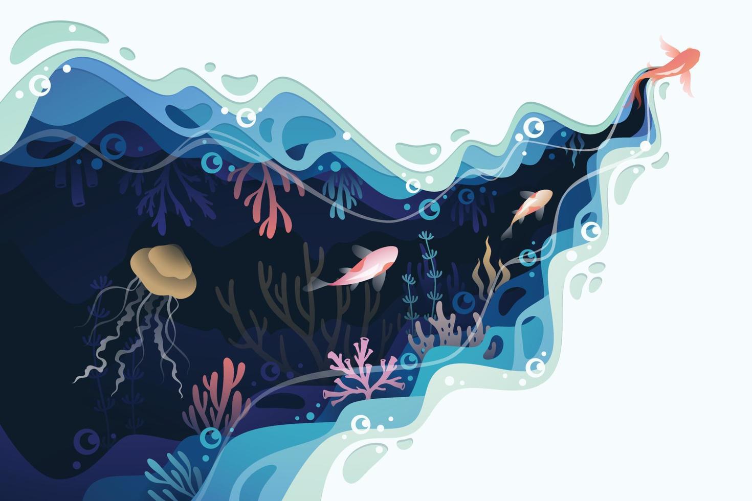 Fishes layered shape wavy ocean underwater background in paper cut style vector