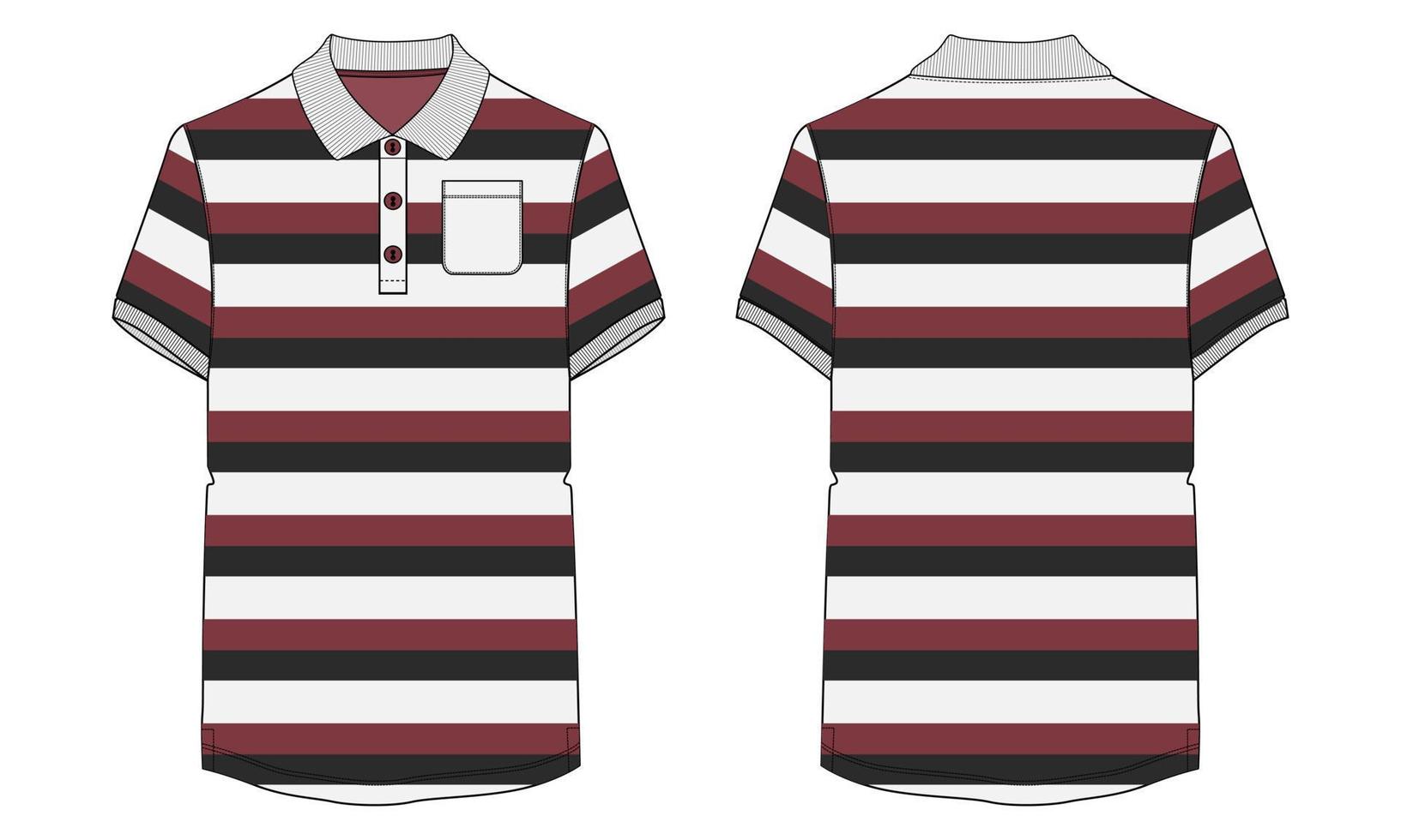 polo Shirt with Yarn dye Stripe and pocket technical Fashion flat sketch Vector Illustration Drawing Template Front And back views