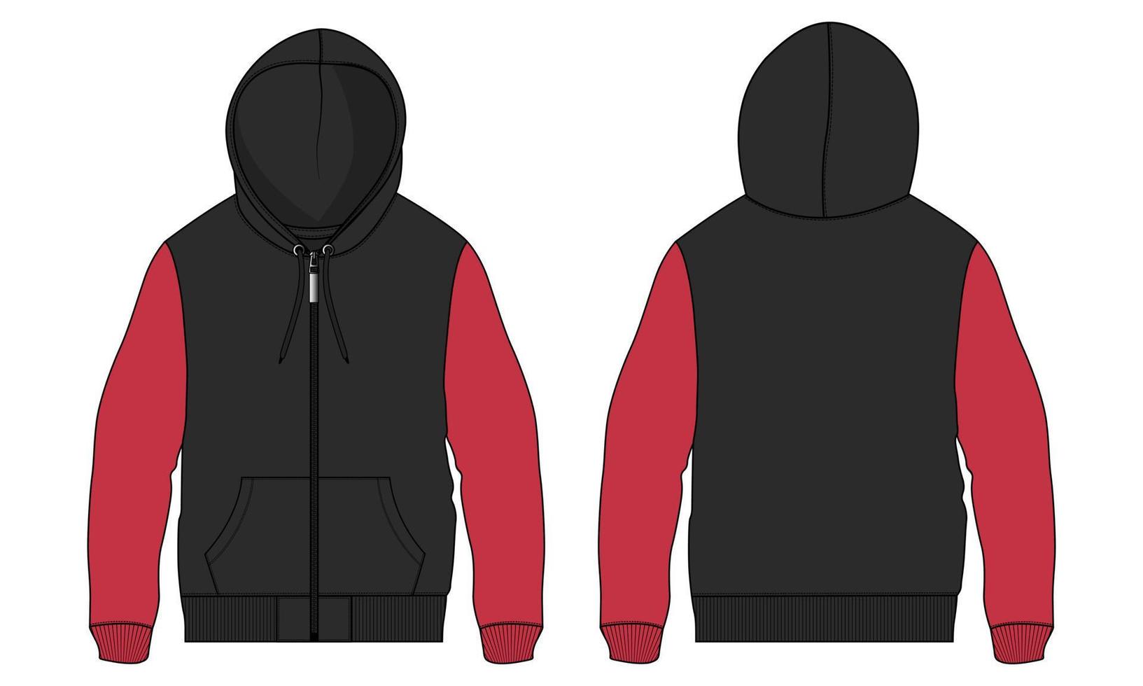 Long sleeve hoodie technical fashion flat sketch Drawing vector illustration template front and back view.