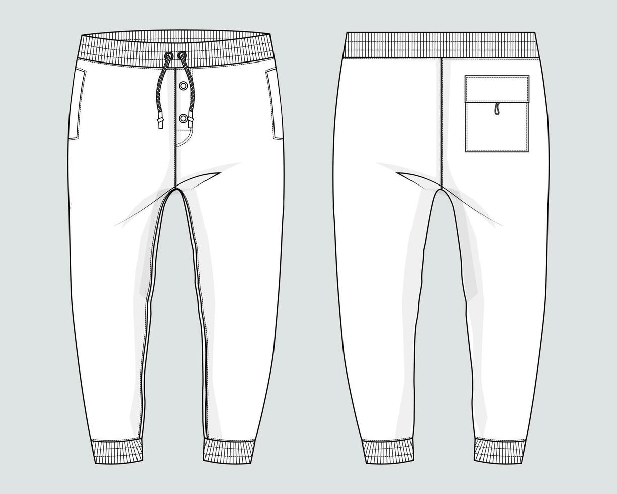 pantalones de chándal jogger de tela polar técnica moda plana dibujo vector ilustración plantilla frontal, vistas traseras.