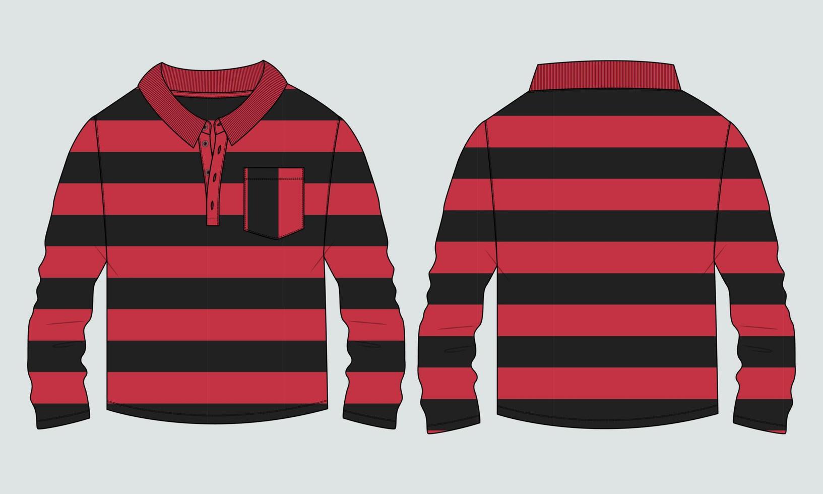 Long Sleeve polo Shirt All over Stripe with pocket technical Fashion flat sketch Vector Illustration Drawing Template Front And back views.