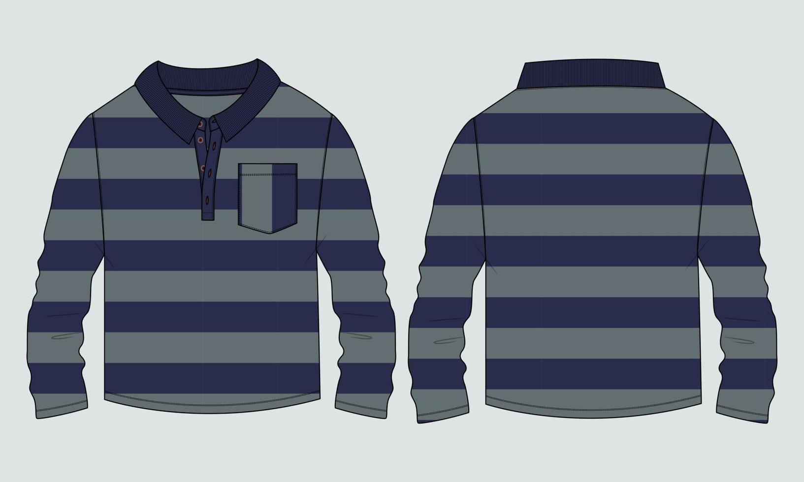 Long Sleeve polo Shirt All over Stripe with pocket technical Fashion flat sketch Vector Illustration Drawing Template Front And back views.