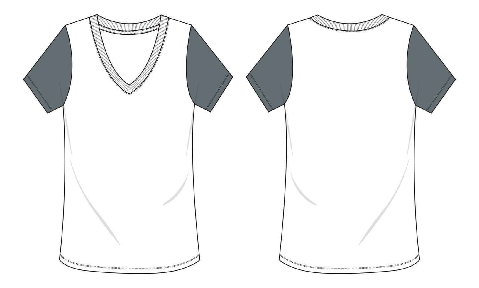 V-neck short sleeve t-shirt Technical sketch vector template for women. Front and back view.
