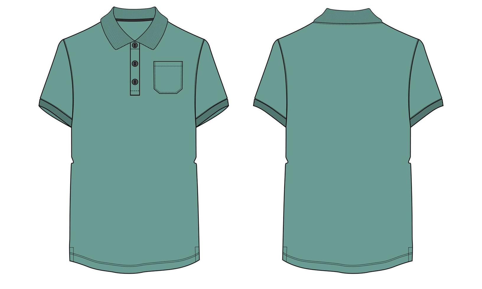 polo de manga corta con vistas frontales y traseras de la plantilla de ilustración vectorial de boceto plano de moda técnica de bolsillo. vector