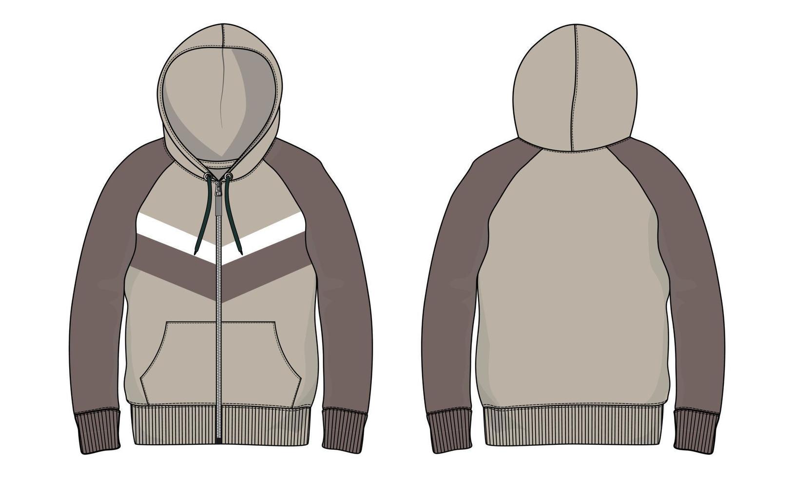 vista frontal y posterior de la plantilla de ilustración vectorial de dibujo plano de moda técnica con capucha de manga larga. vector