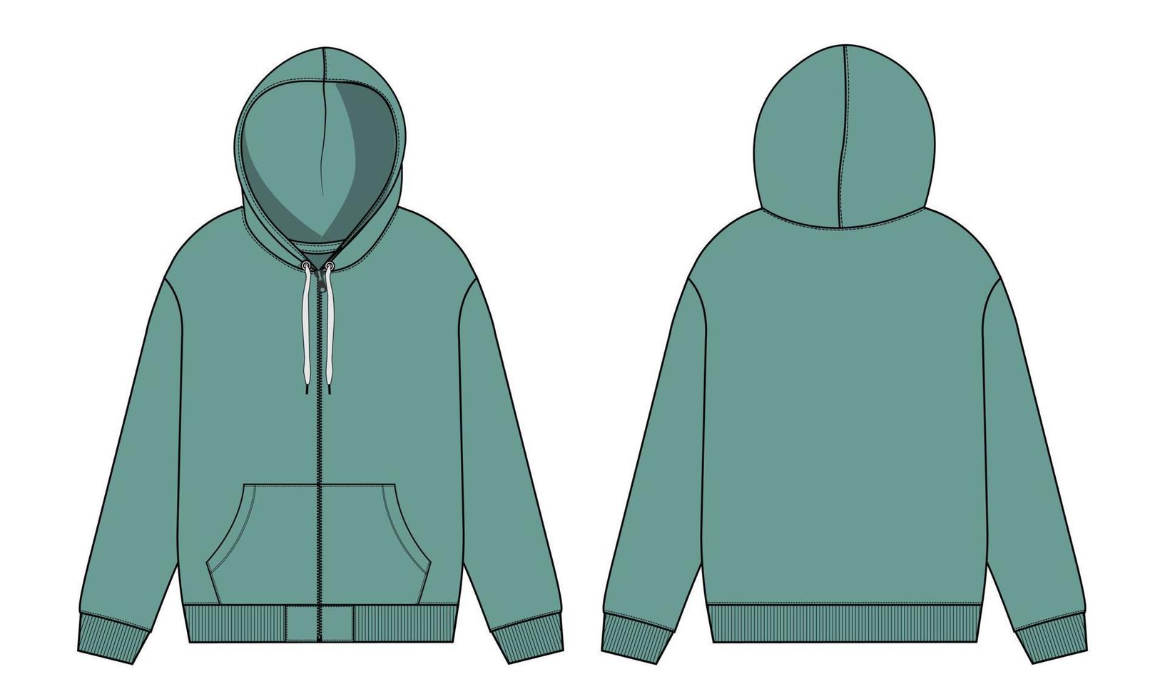 Long sleeve hoodie technical fashion flat sketch Drawing vector illustration template front and back view.