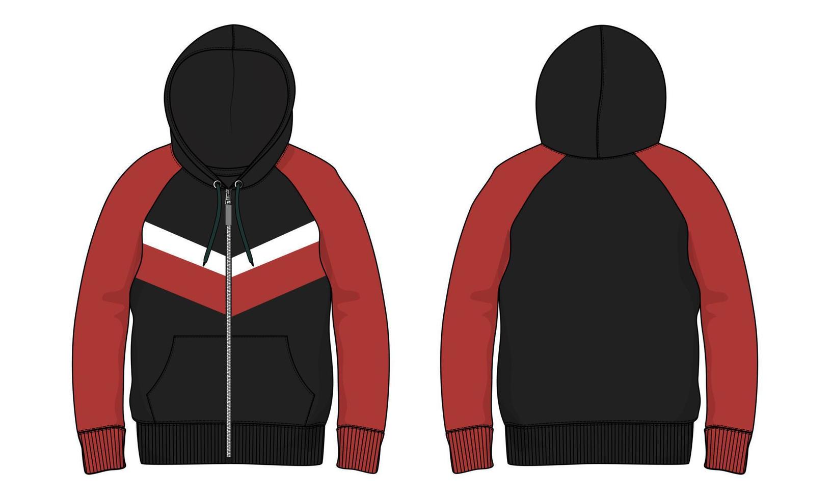 Long sleeve hoodie technical fashion flat sketch Drawing vector illustration template front and back view.