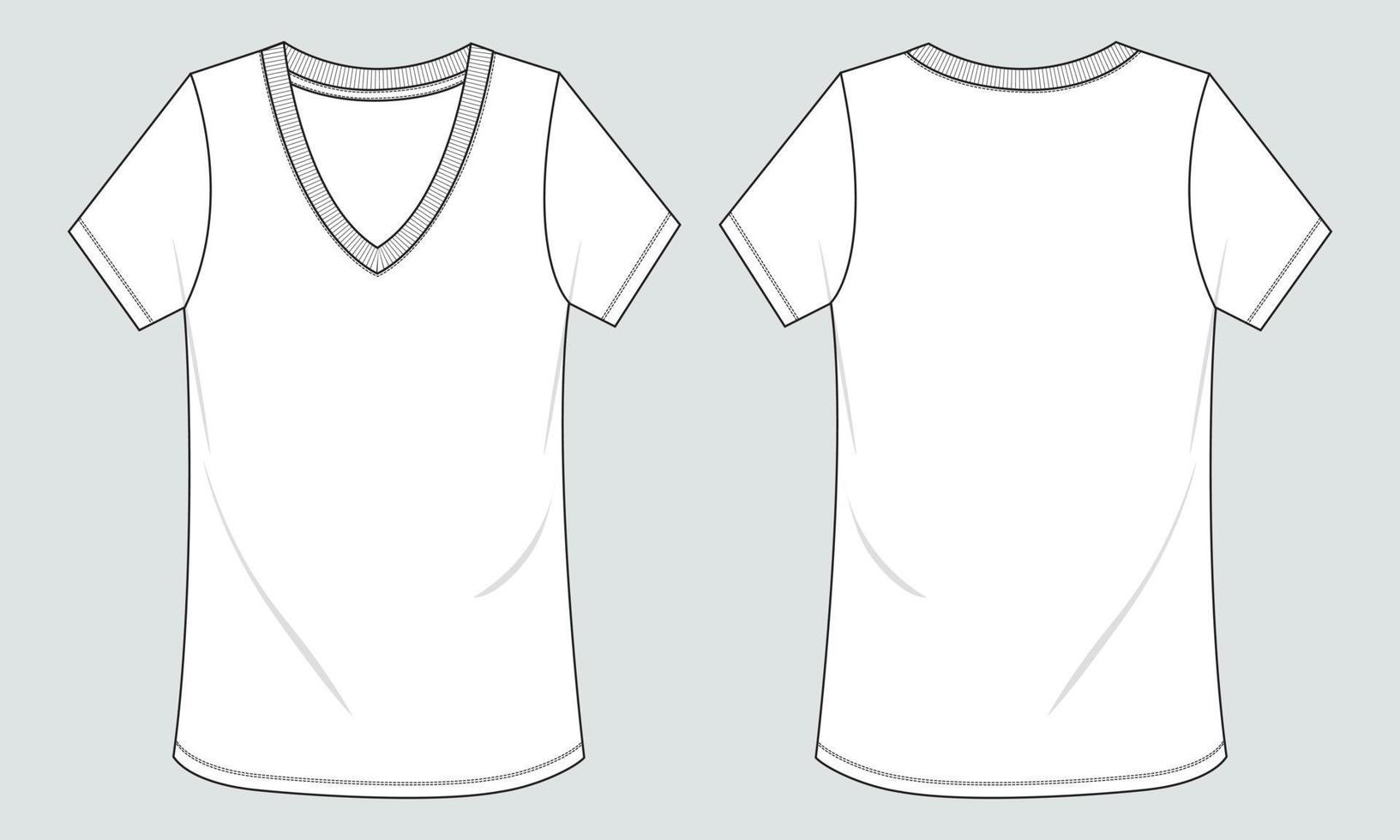 Plantilla de vector de dibujo técnico de camiseta de manga corta con cuello en V para mujer. vista frontal y posterior.