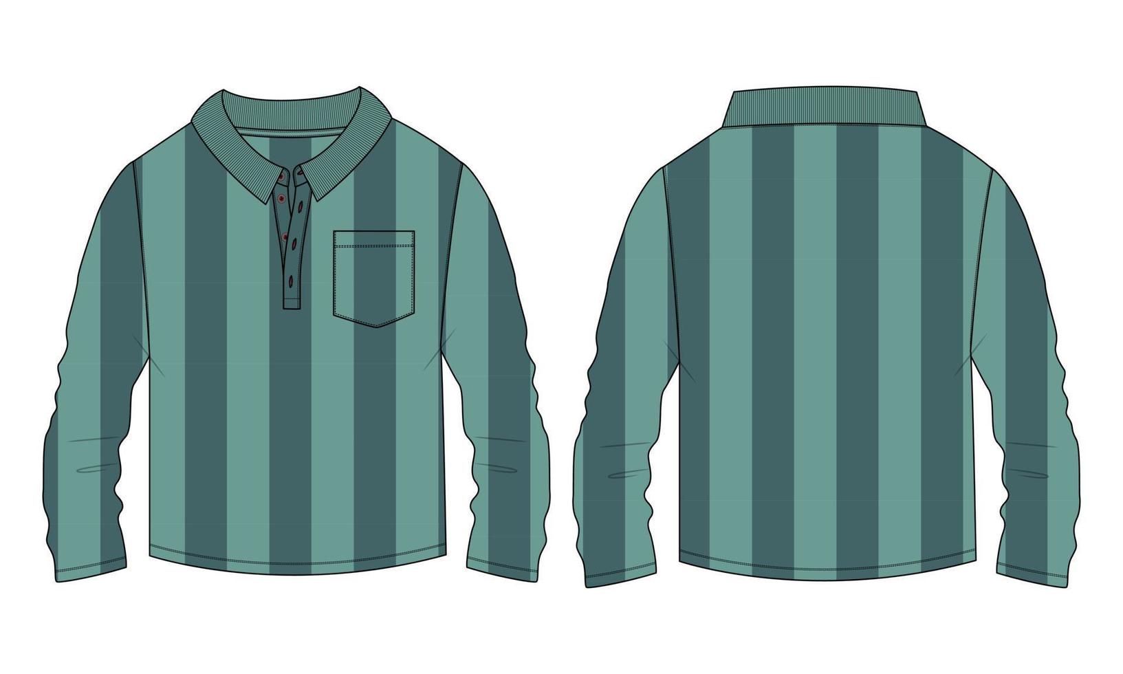 camisa de polo de manga larga en toda la raya con vistas delanteras y traseras de la plantilla de dibujo de ilustración vectorial de boceto plano de moda técnica de bolsillo. vector