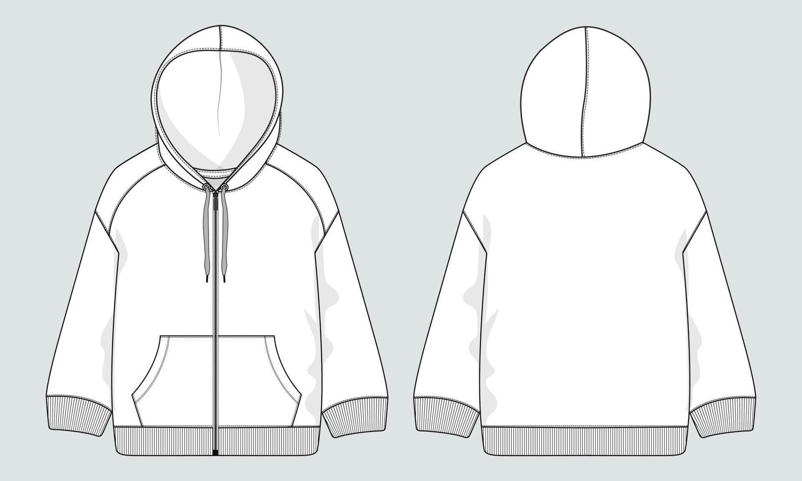 Long sleeve hoodie technical fashion flat sketch Drawing vector illustration template front and back view.