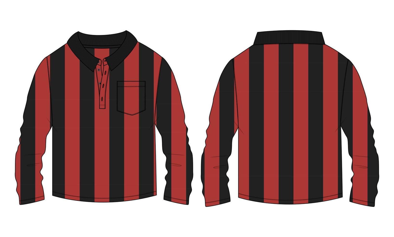 Long Sleeve polo Shirt All over Stripe with pocket technical Fashion flat sketch Vector Illustration Drawing Template Front And back views.