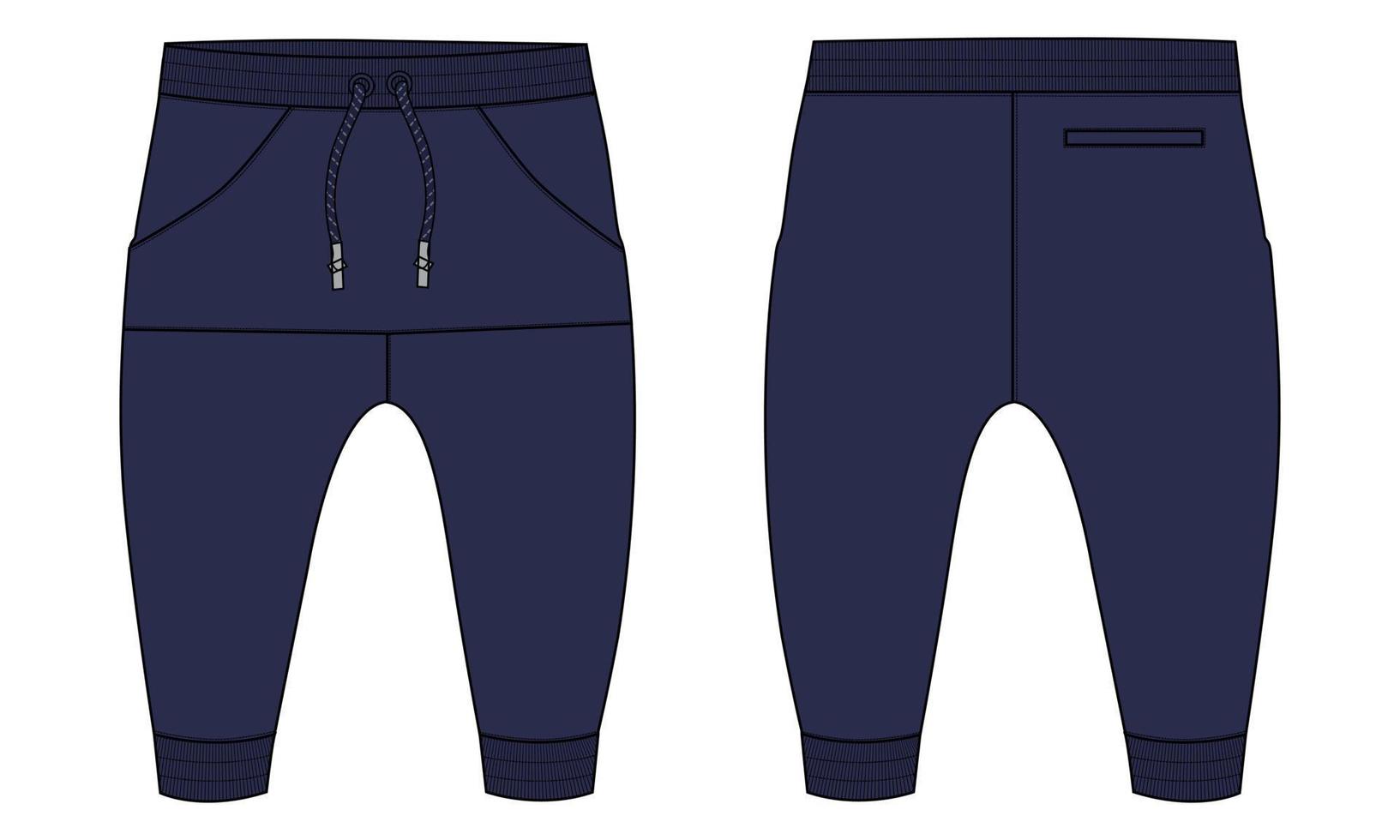 Fleece cotton jersey basic Sweat pant technical fashion flat sketch template front and back views. vector