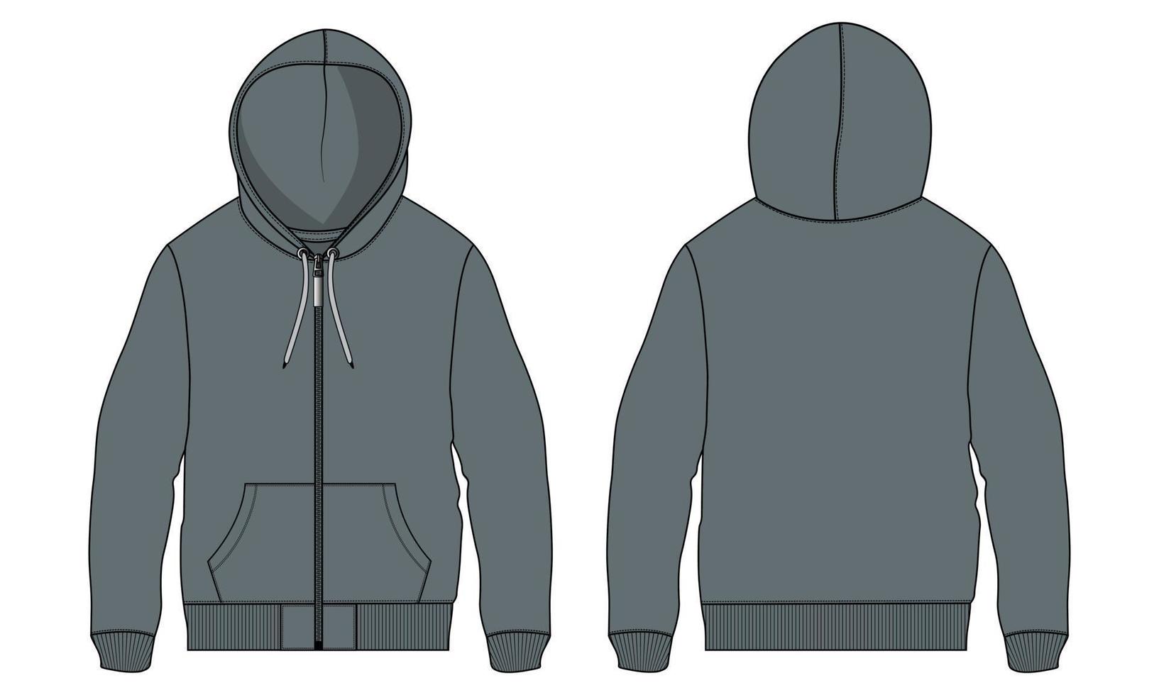 Long sleeve hoodie technical fashion flat sketch Drawing vector illustration template front and back view.