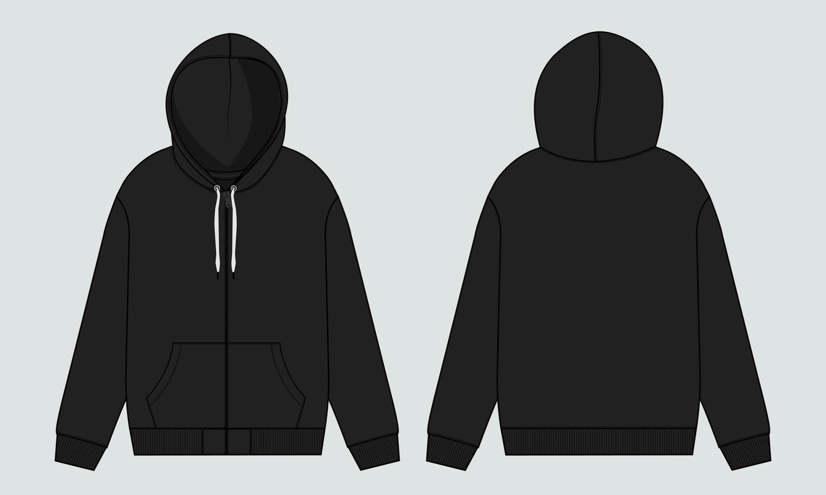 Long sleeve hoodie technical fashion flat sketch Drawing vector illustration template front and back view.