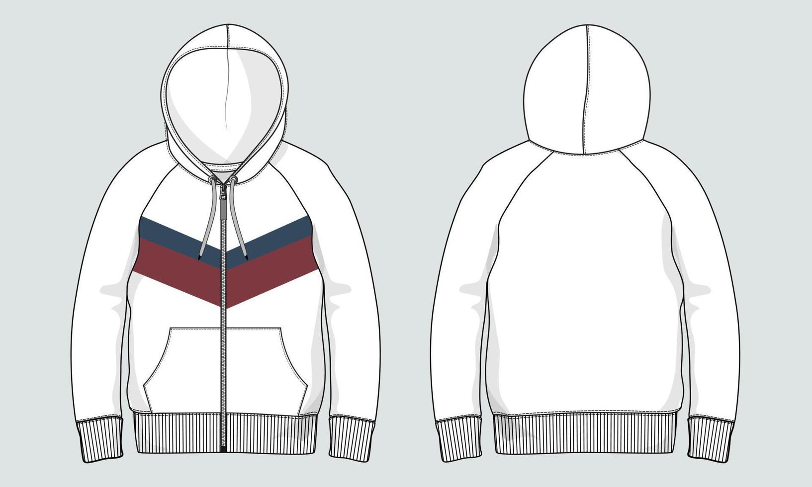 Long sleeve hoodie technical fashion flat sketch Drawing vector illustration template front and back view.