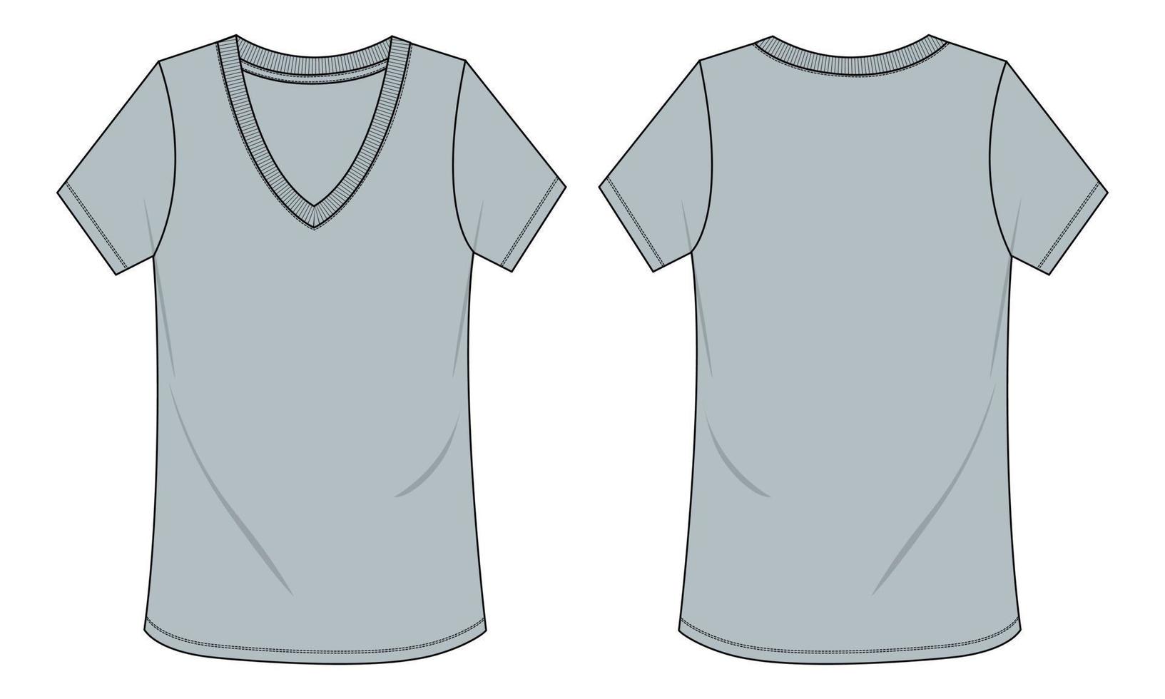 Plantilla de vector de dibujo técnico de camiseta de manga corta con cuello en V para mujer. vista frontal y posterior.