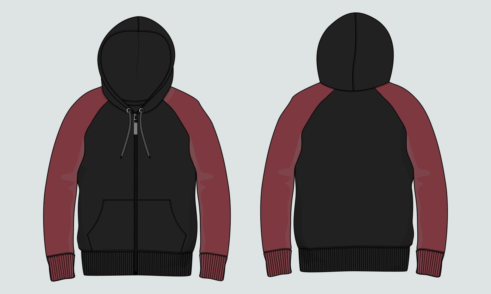 Long sleeve hoodie technical fashion flat sketch Drawing vector illustration template front and back view.