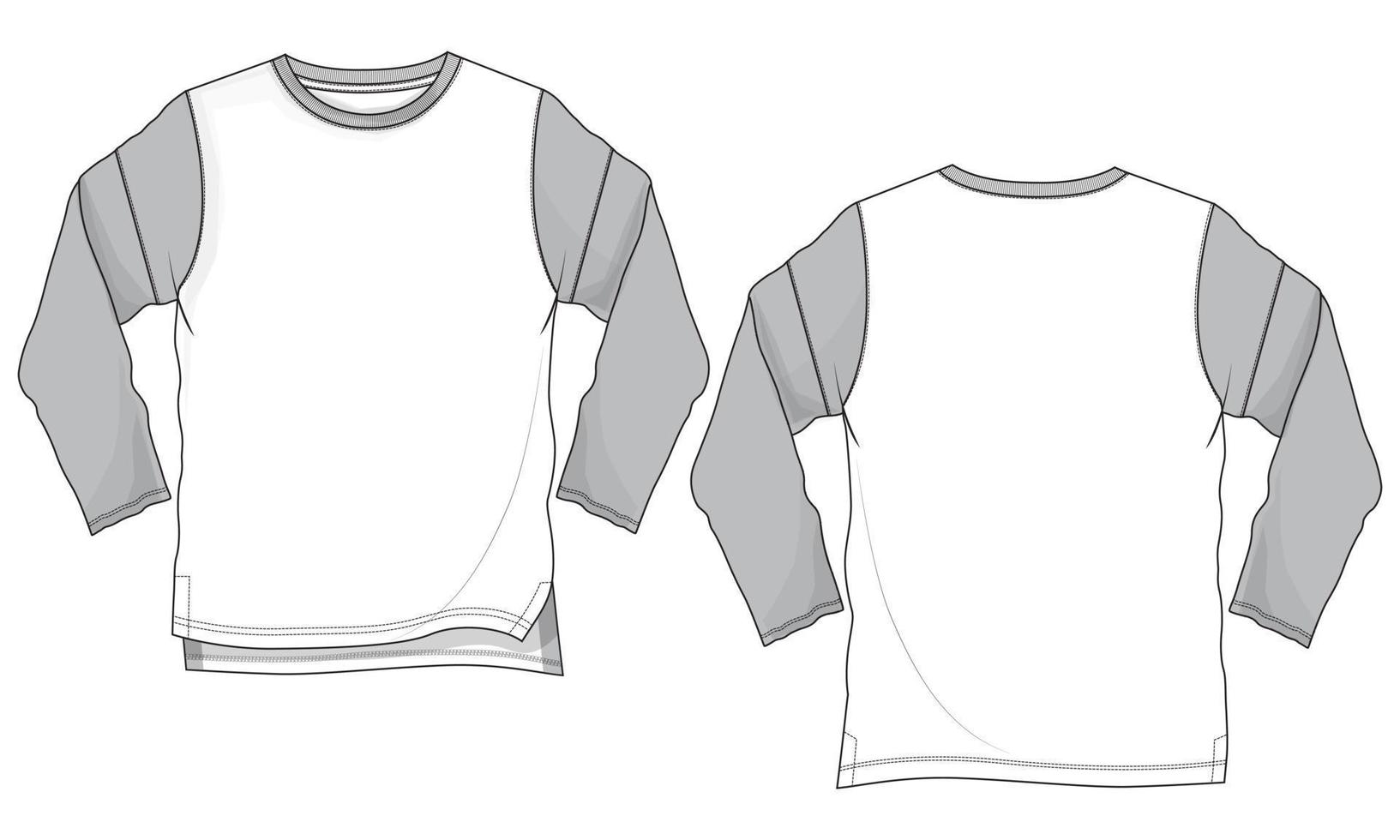 vista frontal y posterior de la plantilla de ilustración vectorial de boceto plano de moda técnica de camiseta de manga larga vector