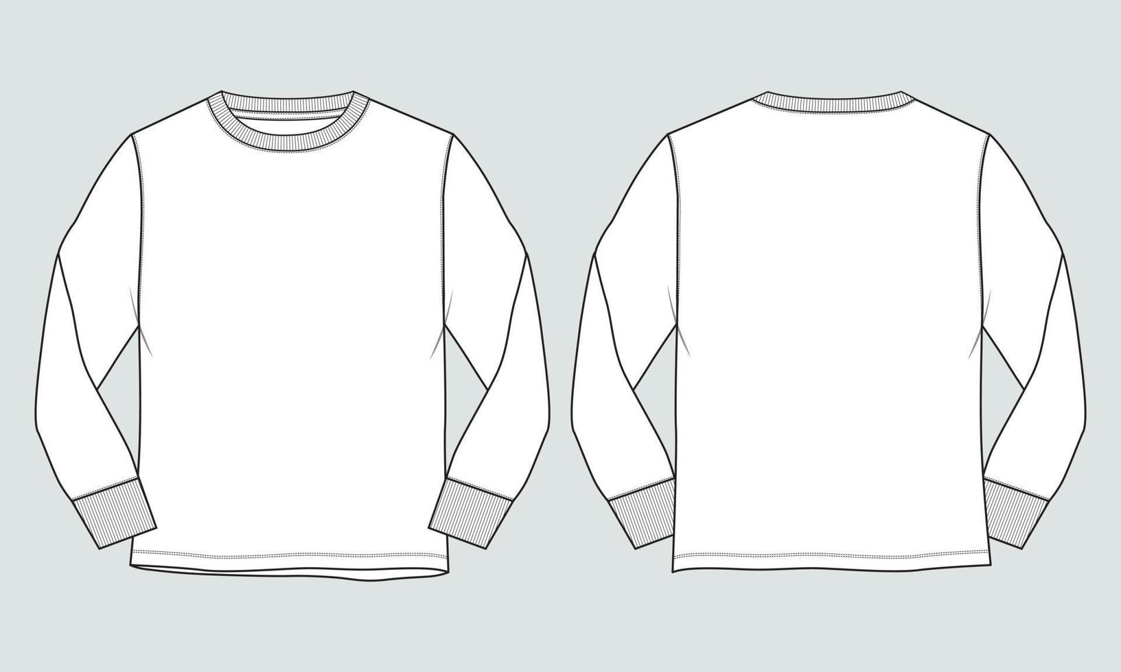 vista frontal y posterior de la plantilla de ilustración vectorial de boceto plano de moda técnica de camiseta de manga larga vector