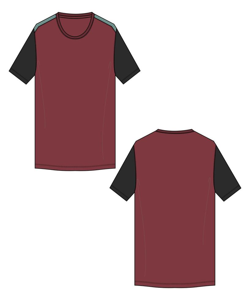 vista frontal y posterior de la plantilla de ilustración vectorial de boceto plano de moda técnica de camiseta de manga corta vector