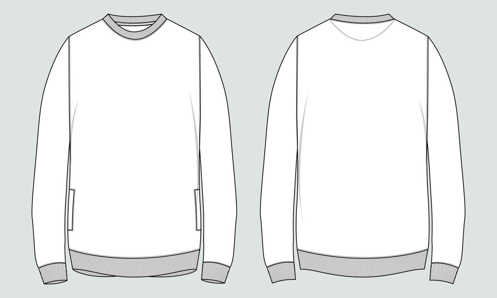 vista frontal y trasera de la plantilla de ilustración vectorial de dibujo plano de moda técnica de sudadera de manga larga. vector