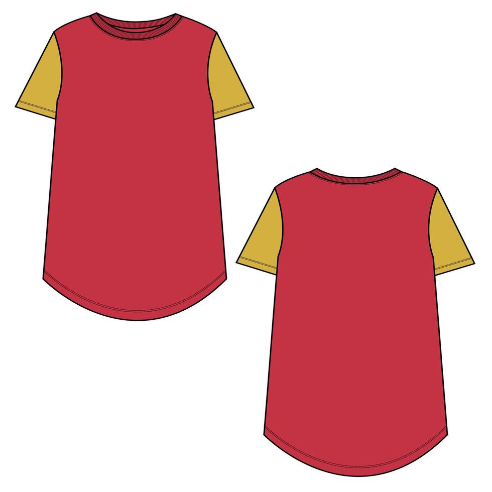 plantilla de moda de boceto técnico de camiseta de manga corta para mujeres. ilustración de arte vectorial ropa simulada vistas frontal y posterior vector