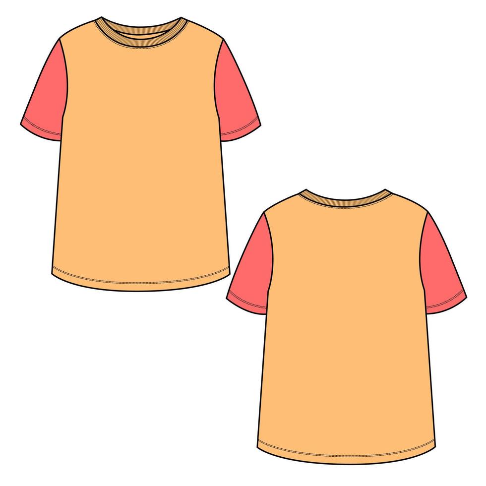 plantilla de moda de boceto técnico de camiseta de manga corta para mujeres. ilustración de arte vectorial ropa simulada vistas frontal y posterior vector