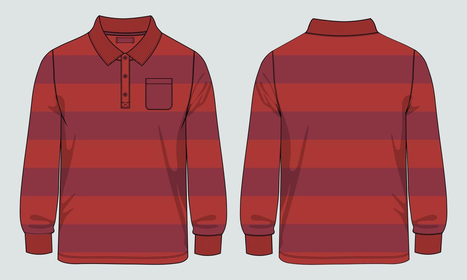 polo Shirt with Yarn dye Stripe and pocket technical Fashion flat sketch Vector Illustration Drawing Template Front And back views