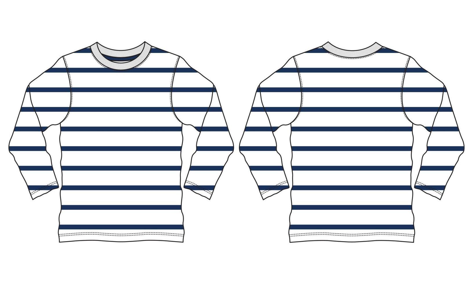 Long Sleeve T shirt with Yarn dyed Stripe All Over Body Technical Fashion Flat sketch Vector Illustration Template Front And Back Views.