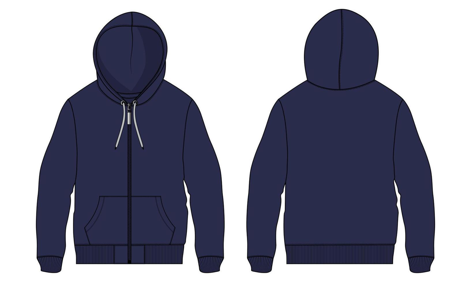 Long sleeve hoodie technical fashion flat sketch Drawing vector illustration template front and back view.