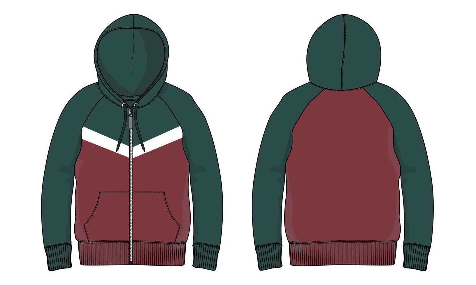 Long sleeve hoodie technical fashion flat sketch Drawing vector illustration template front and back view.