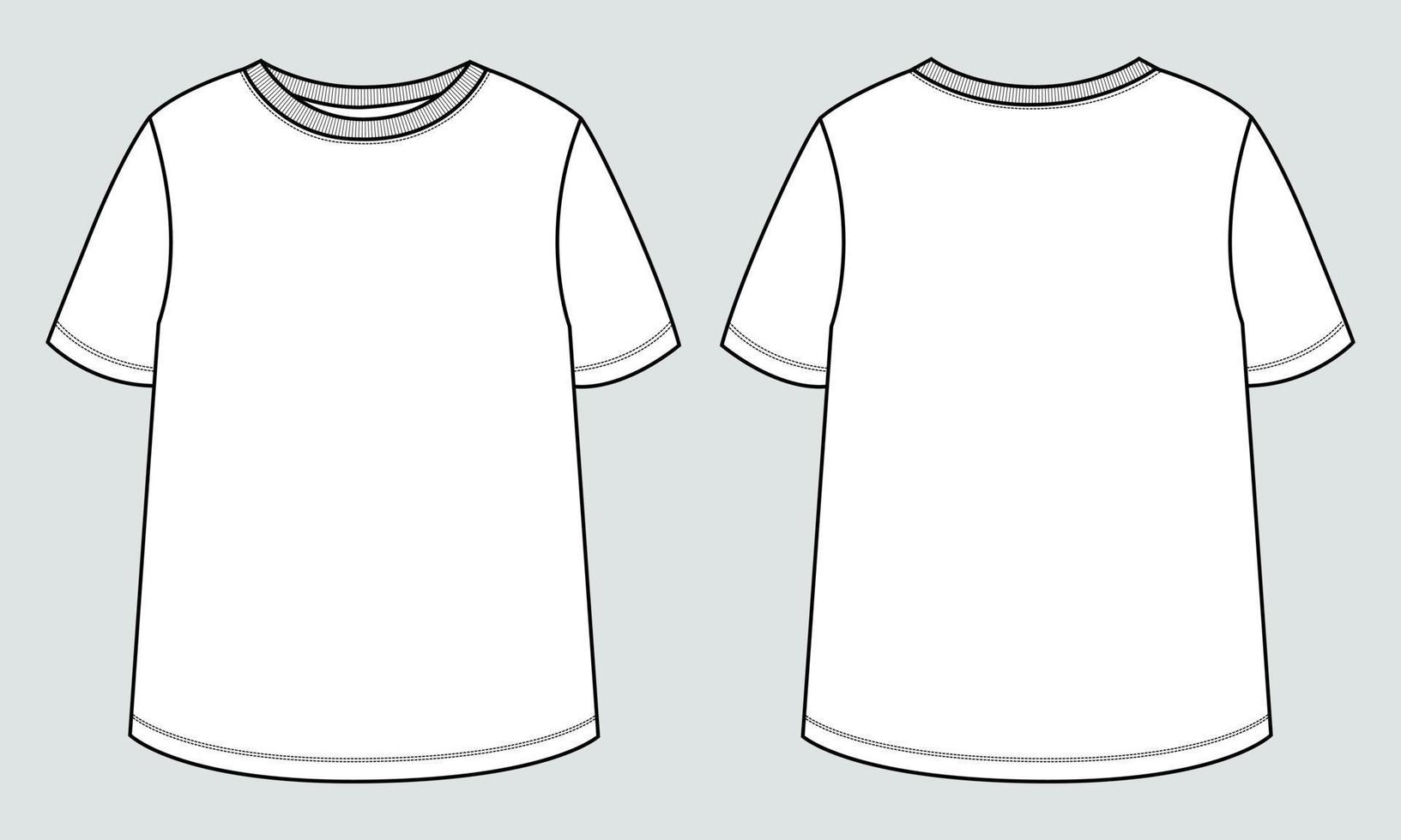 plantilla de moda de boceto técnico de camiseta de manga corta para mujeres. ilustración de arte vectorial ropa simulada vistas frontal y posterior vector