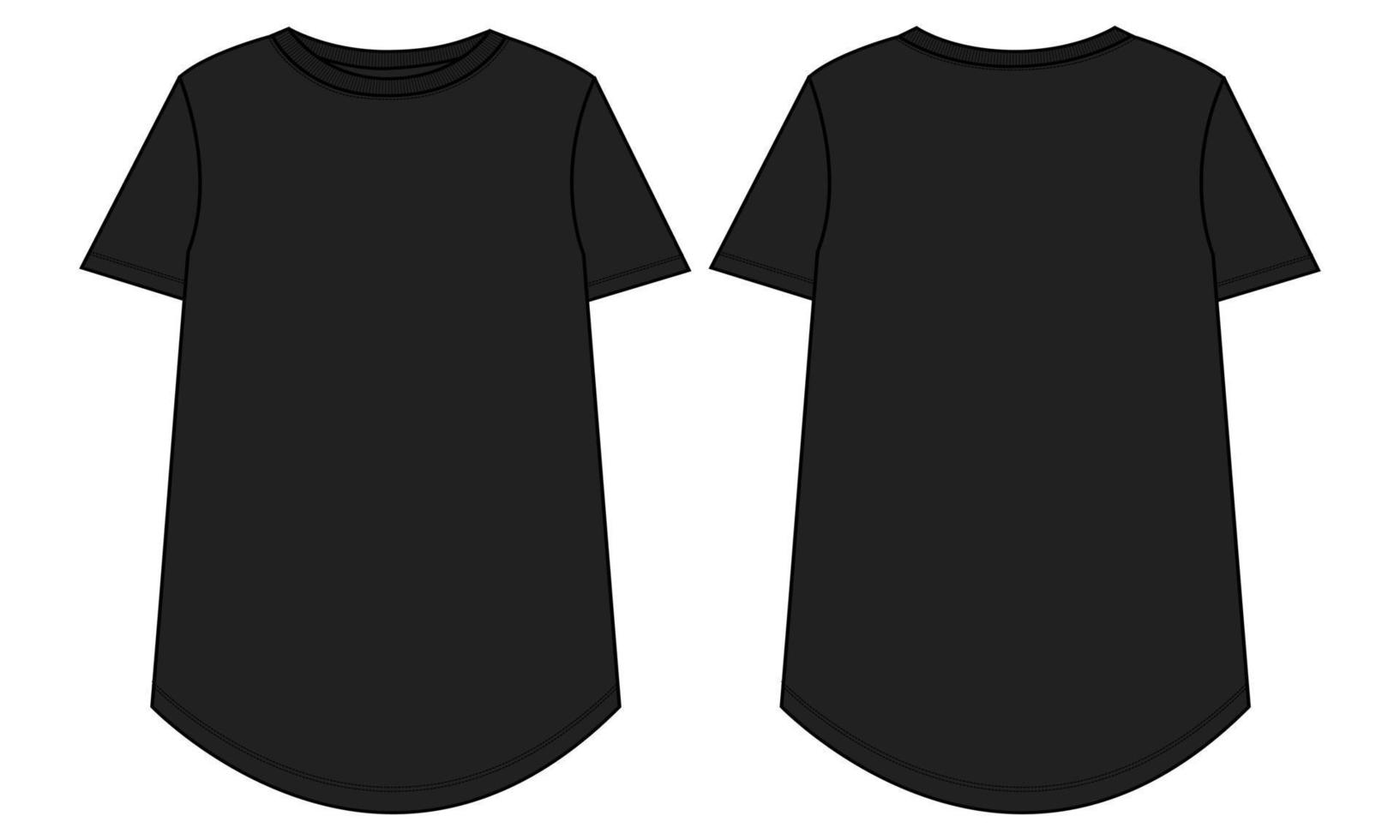 plantilla de moda de boceto técnico de camiseta de manga corta para mujeres. ilustración de arte vectorial ropa simulada vistas frontal y posterior vector